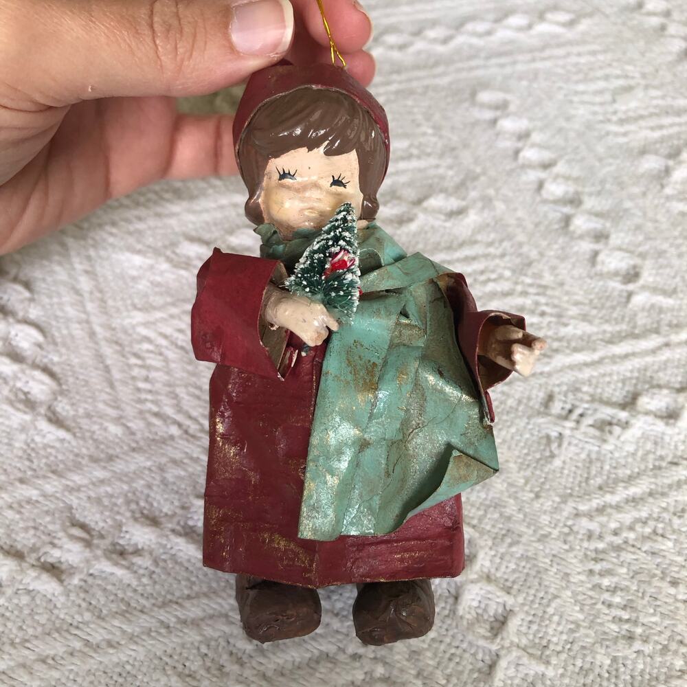 Vintage 1960s Paper‎ Mache Caroler Girl Ornament w Bell & Bottle Brush Tree